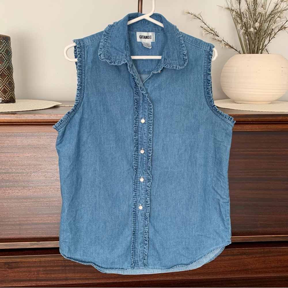 Vintage Gitano Ruffle Button-Front Sleeveless Denim Shirt, Size Large